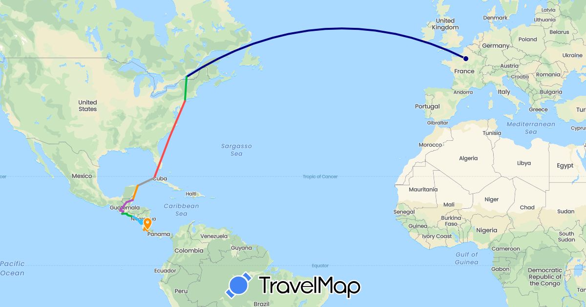 TravelMap itinerary: driving, bus, plane, train, hiking, boat, hitchhiking in Belize, Canada, Costa Rica, Cuba, France, Guatemala, Mexico, Nicaragua, El Salvador, United States (Europe, North America)